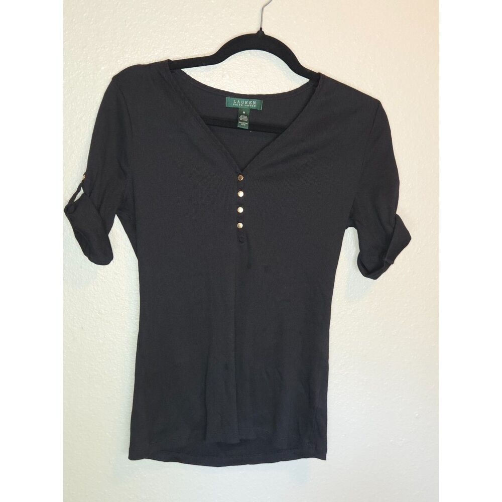 Lauren Ralph Lauren Black Ribbed Henley Top Size M Gold Button Roll Tab Sleeve